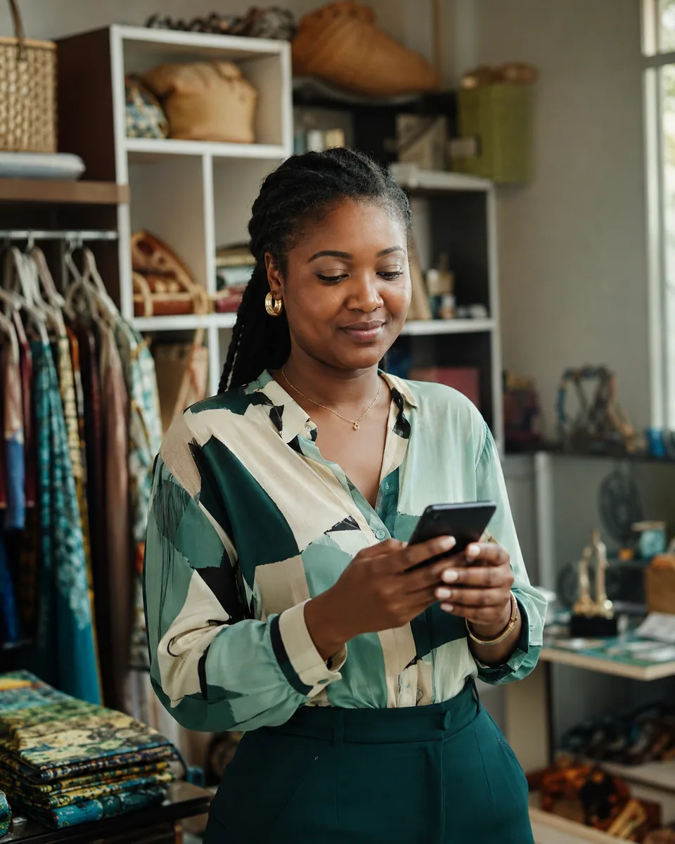 Une commerçante consulte son téléphone dans sa boutique.